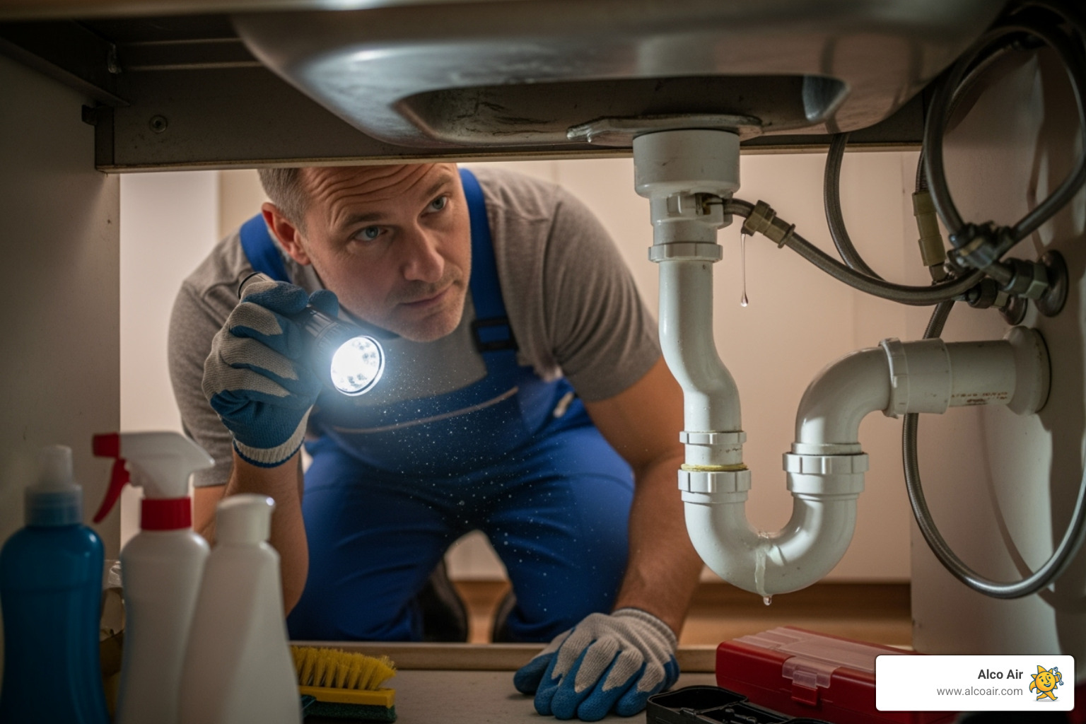 A professional plumber inspecting pipes under a sink, using a flashlight to check for leaks and issues - copper pipe repair