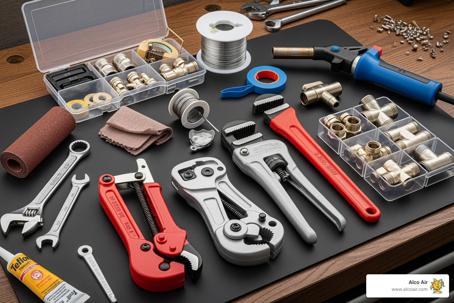 A well-organized toolkit for pipe repair, featuring various pipe cutters, wrenches, emery cloth, flux, solder, and push-to-connect fittings - copper pipe repair