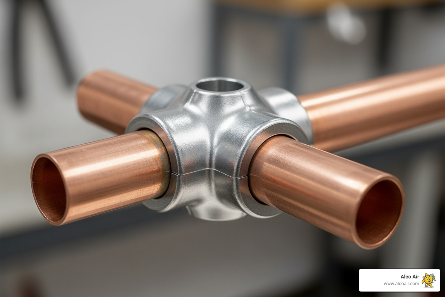 A clean, permanent repair using a push-to-connect coupling on a copper pipe section - copper pipe repair