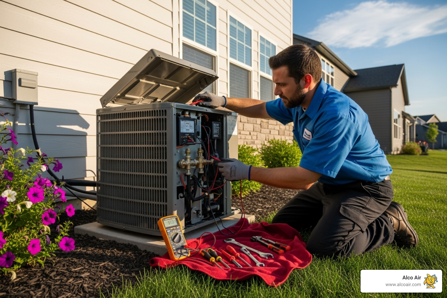 Technician inspecting an outdoor AC unit in a residential setting - ac and furnace repair henderson