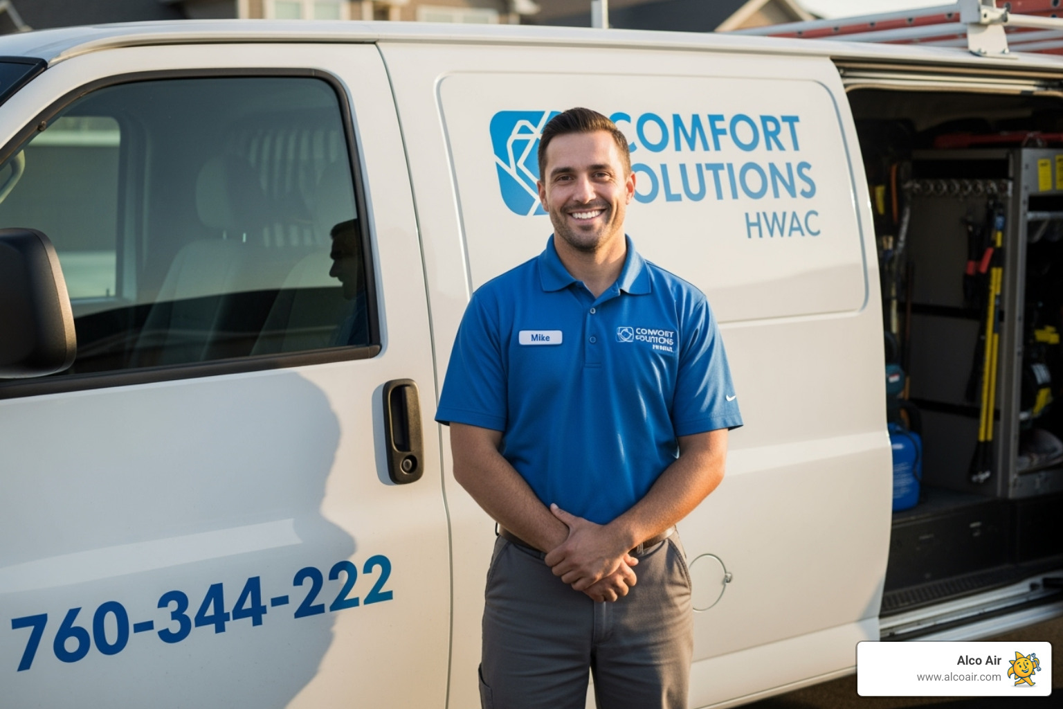 Friendly, uniformed HVAC technician standing by a company van - ac and furnace repair henderson