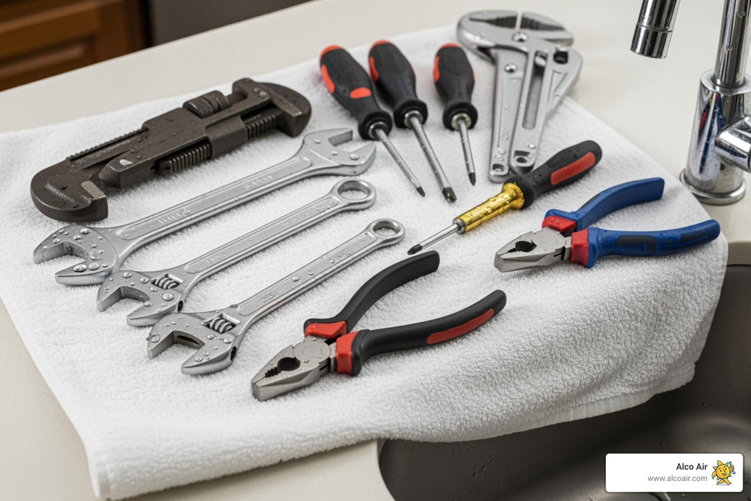 necessary tools laid out on a towel next to a sink - Leaky faucet repair