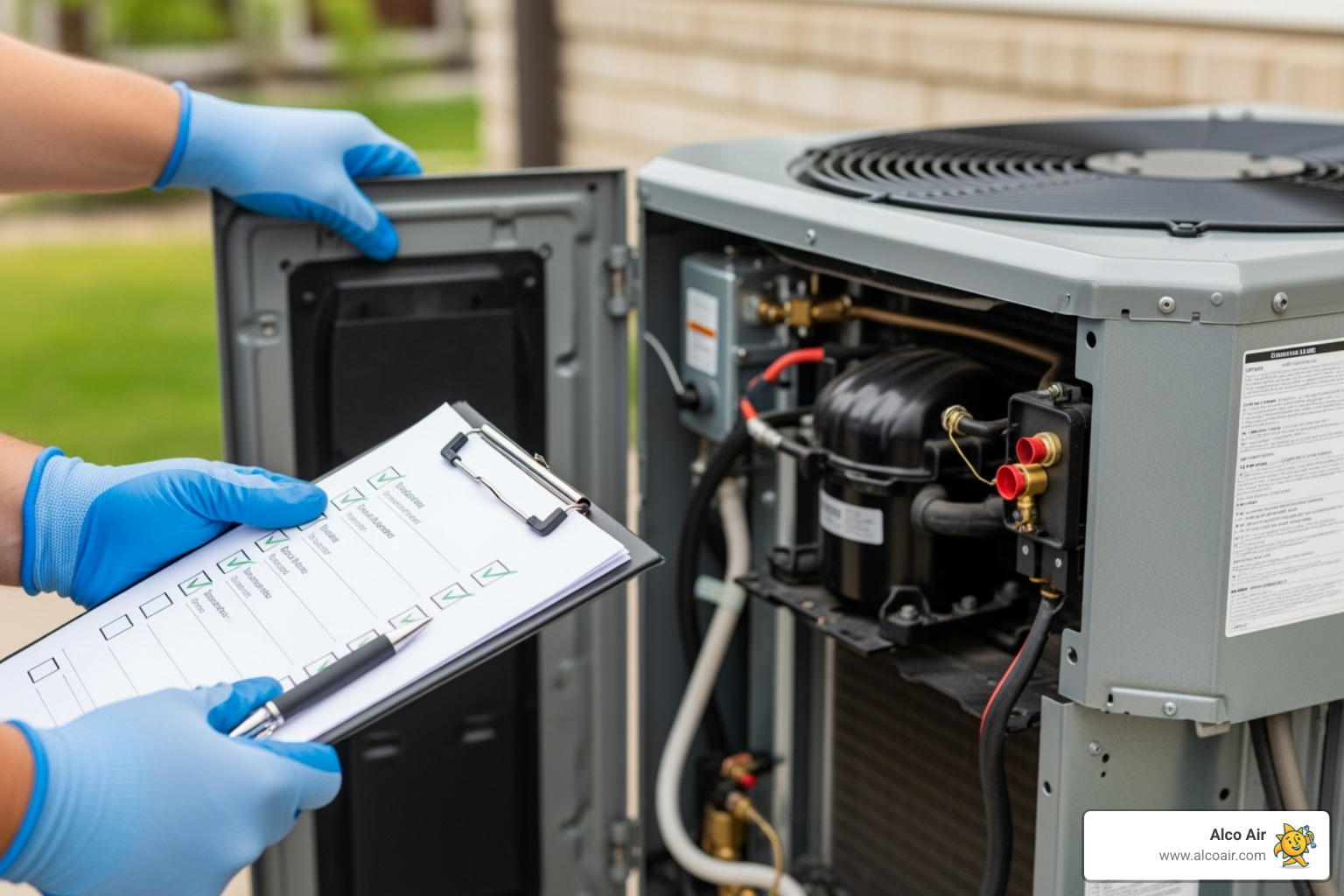 Technician's checklist on a clipboard next to an open AC unit - AC maintenance Longview TX