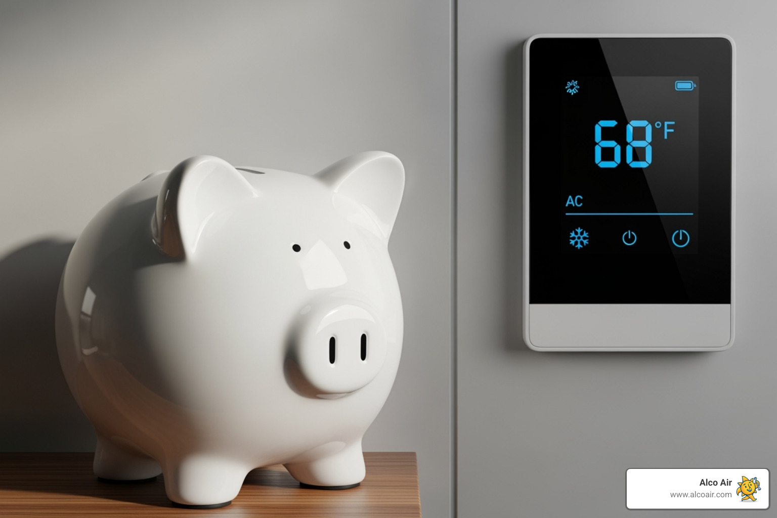 Piggy bank next to an AC thermostat showing a low temperature - AC maintenance Longview TX