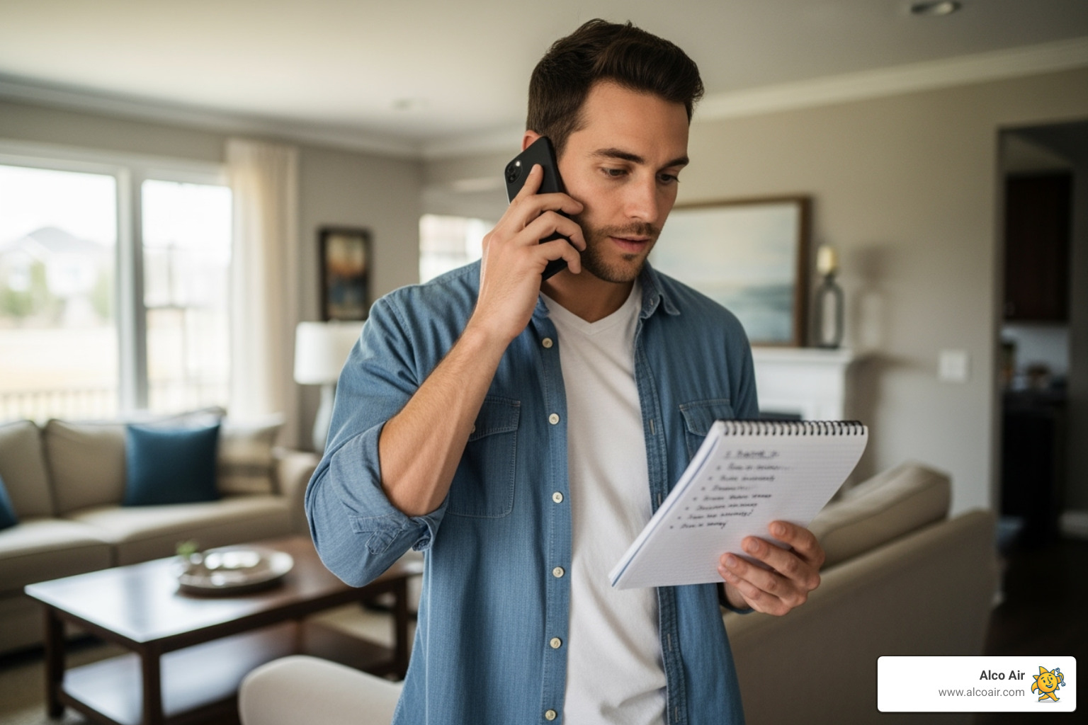 homeowner on the phone, looking at a list of questions - 24 hours plumbers