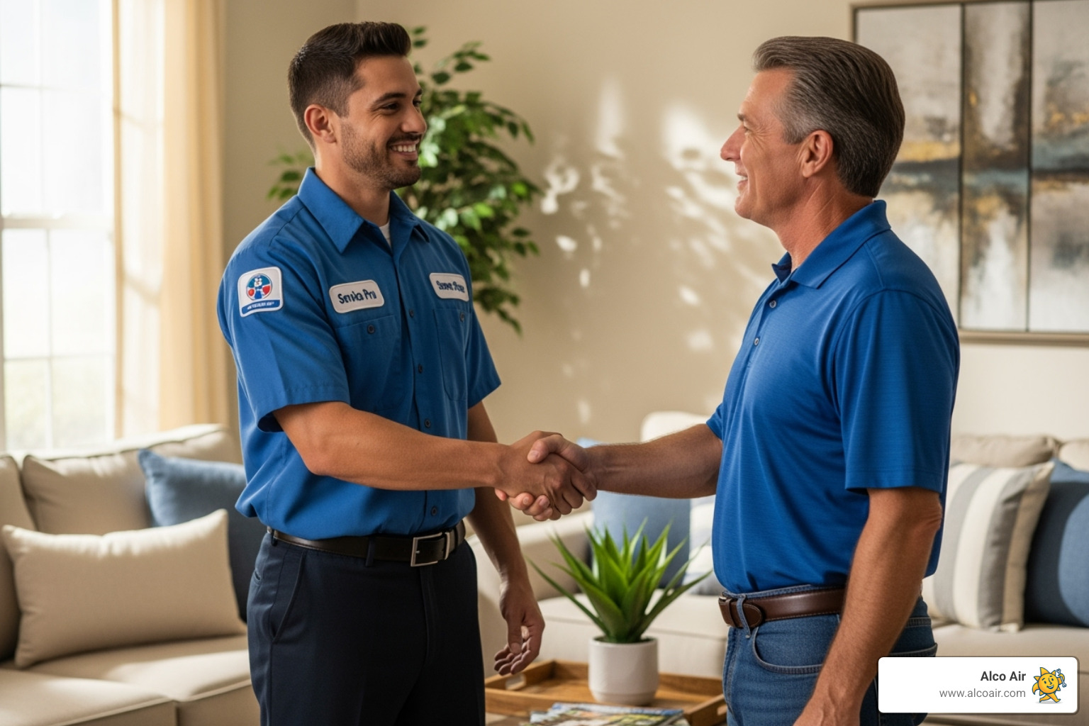 Certified, friendly technician shaking a homeowner's hand - AC maintenance Longview TX