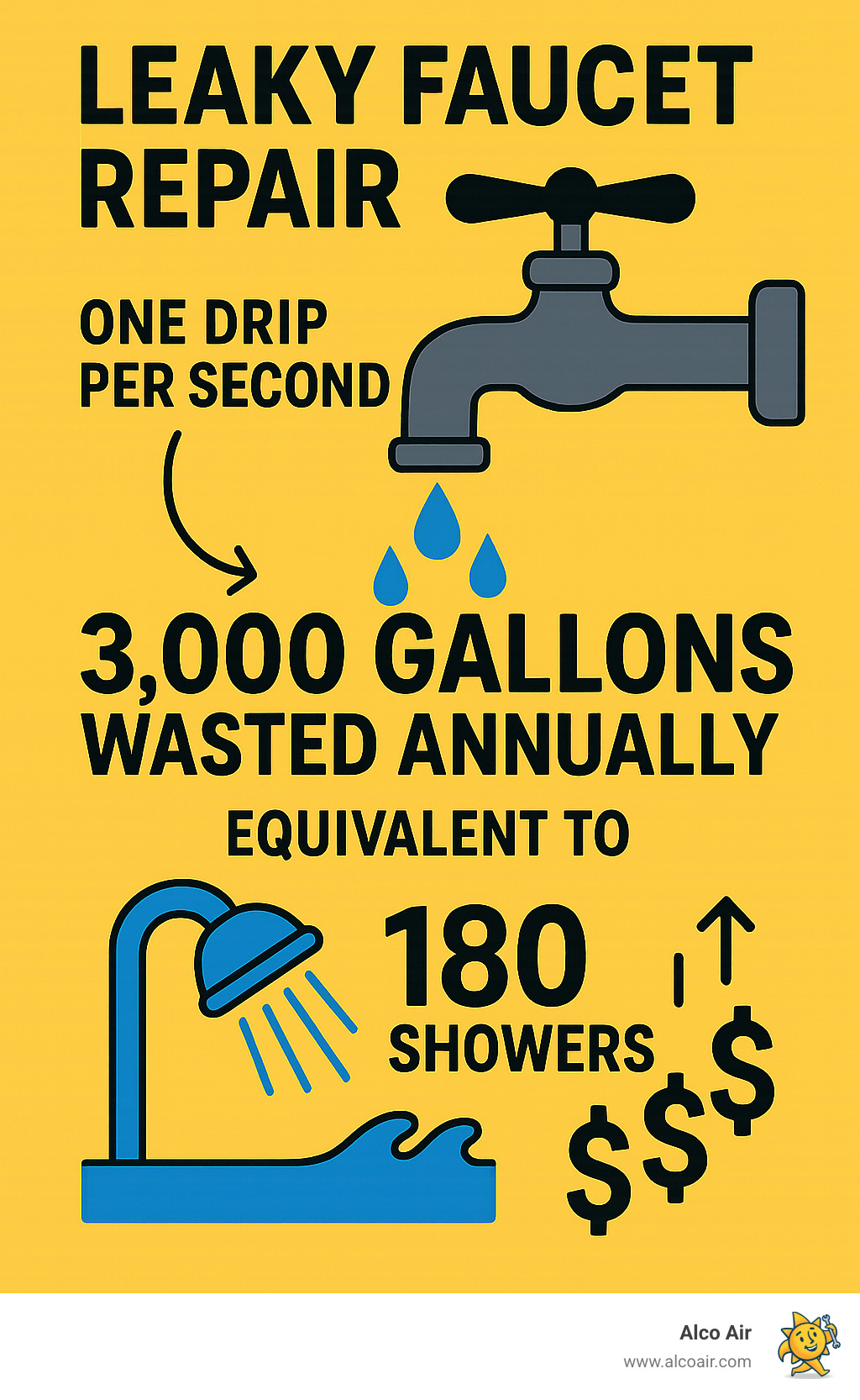 Infographic showing a dripping faucet with water droplets and statistics: one drip per second equals 3,000 gallons wasted annually, equivalent to 180 showers, with dollar signs indicating increased utility costs - Leaky faucet repair infographic 