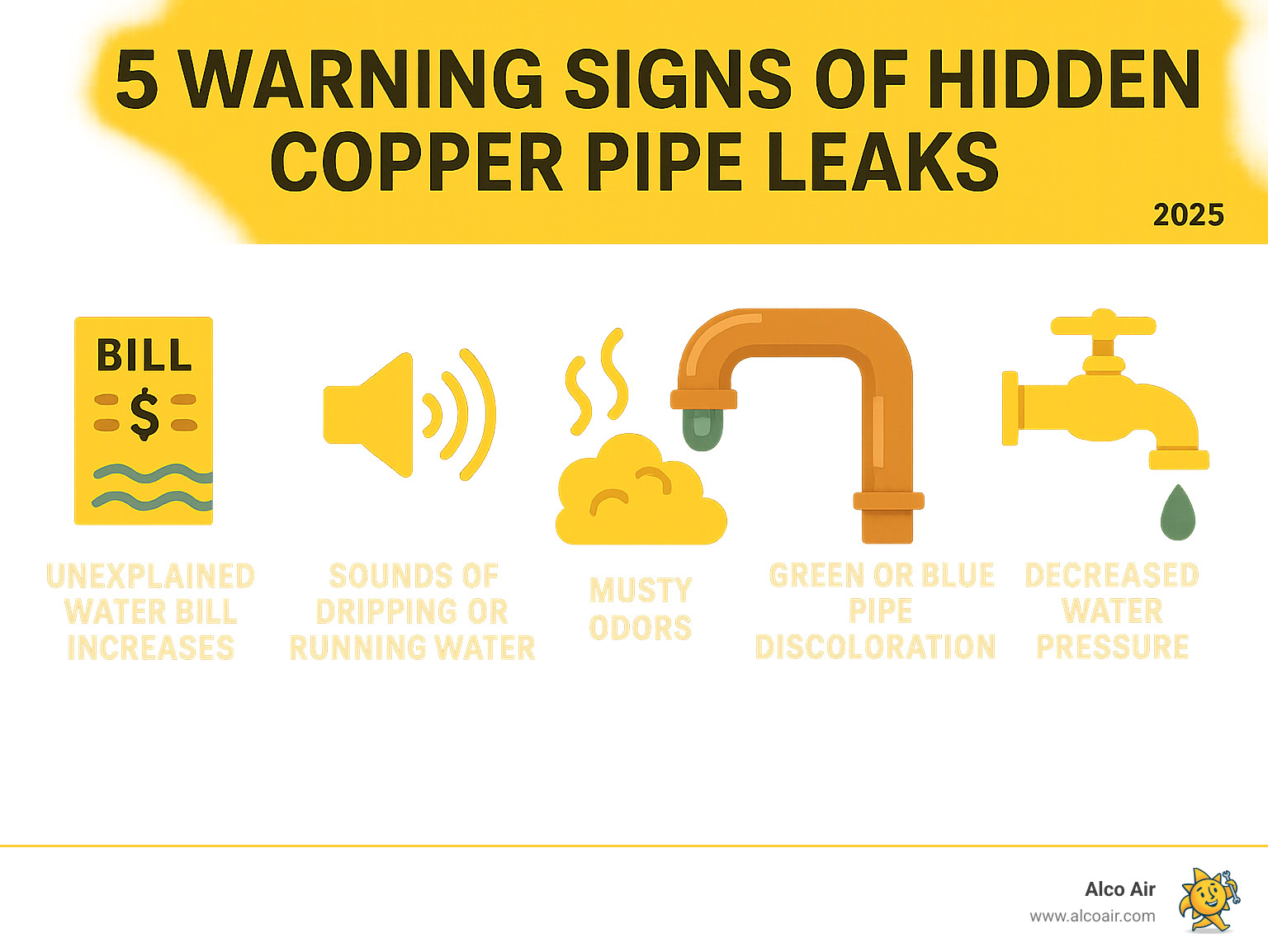 Infographic showing the 5 warning signs of hidden copper pipe leaks: unexplained water bill increases, sounds of dripping or running water, musty odors indicating mold growth, green or blue pipe discoloration from oxidation, and decreased water pressure throughout the home - copper pipe repair infographic 