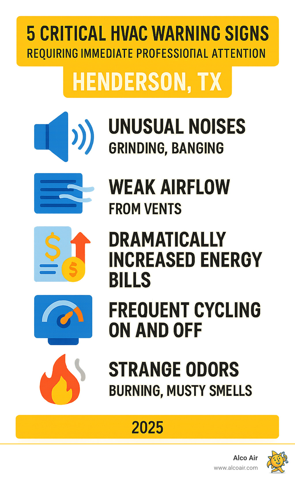 Infographic showing 5 critical HVAC warning signs requiring immediate professional attention in Henderson, TX: unusual noises like grinding or banging, weak airflow from vents, dramatically increased energy bills, frequent system cycling on and off, and strange odors including burning or musty smells - ac and furnace repair henderson infographic 