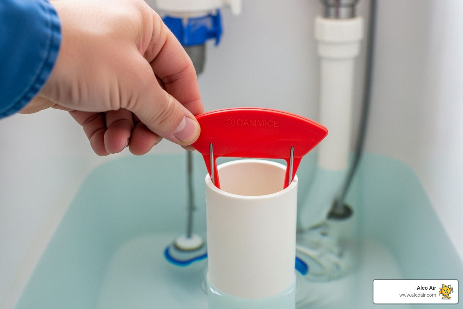 A new flapper being clipped onto the overflow tube - Toilet flapper replacement