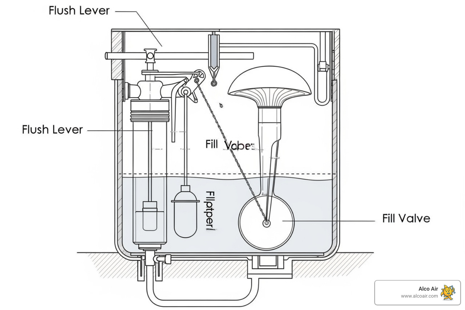 Diagram labeling the parts inside a toilet tank - Toilet flapper replacement