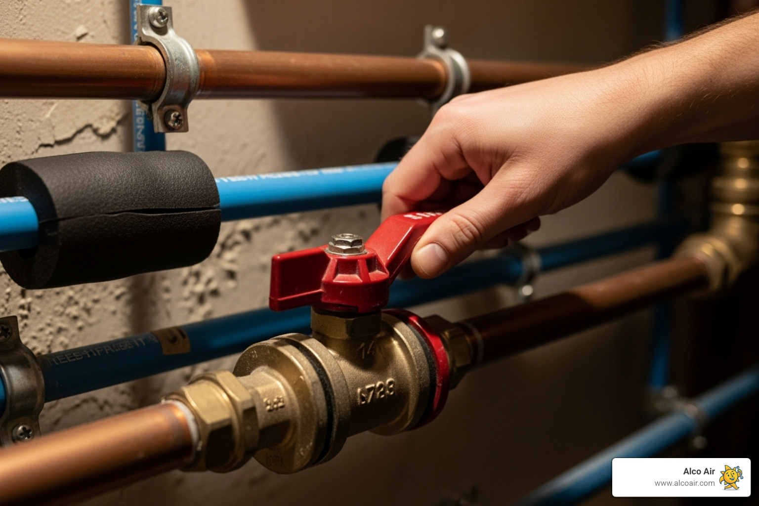 Hand turning a main water shut-off valve - emergency plumber Longview