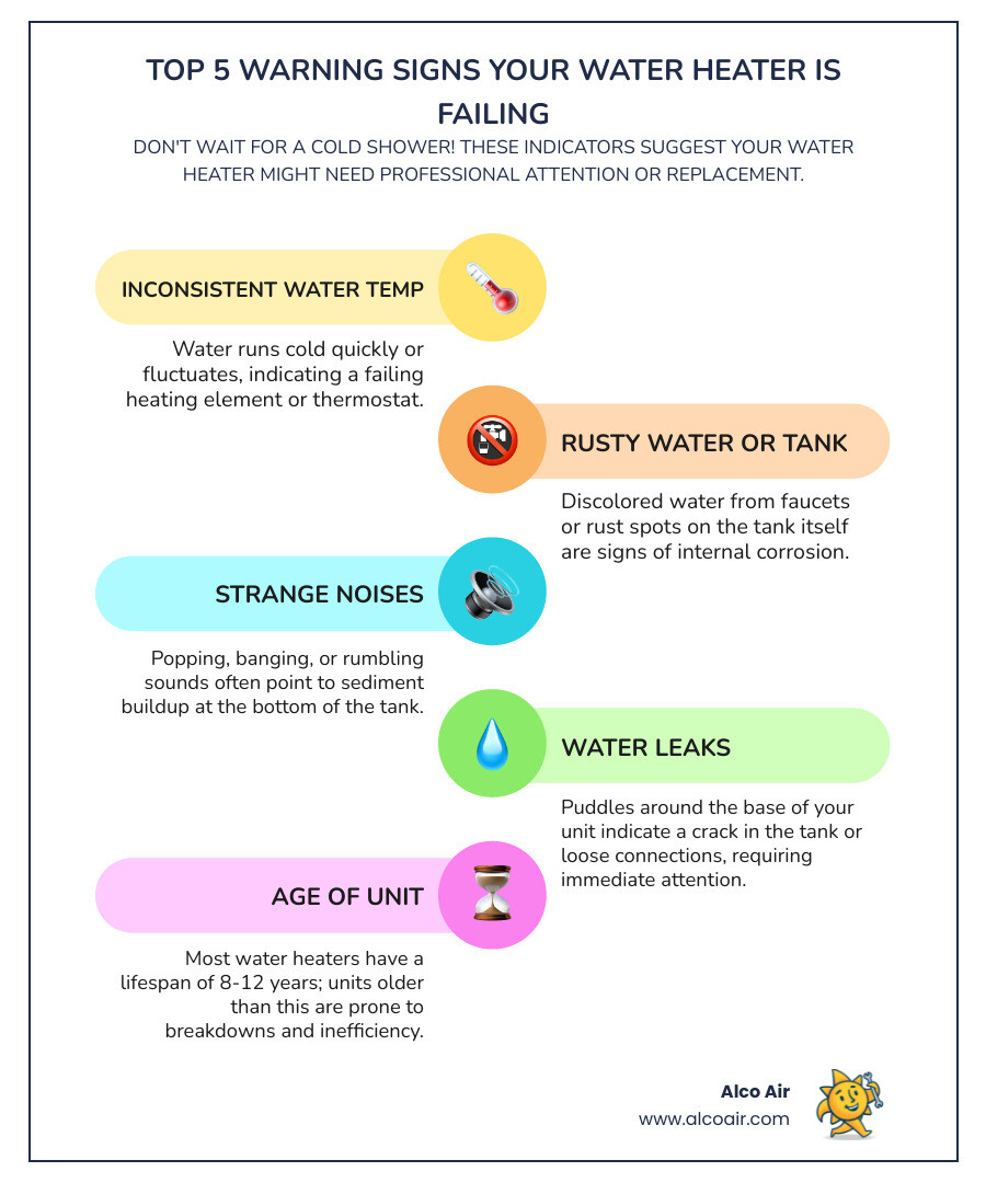 Infographic showing the top 5 warning signs your water heater is failing: inconsistent water temperature, visible rust or corrosion on tank, strange noises like popping or banging, water leaks around the unit, and age over 10-15 years - henderson water heater replacement infographic infographic-line-5-steps-colors Infographic showing the top 5 warning signs your water heater is failing: inconsistent water temperature, visible rust or corrosion on tank, strange noises like popping or banging, water leaks around the unit, and age over 10-15 years - henderson water heater replacement infographic infographic-line-5-steps-colors