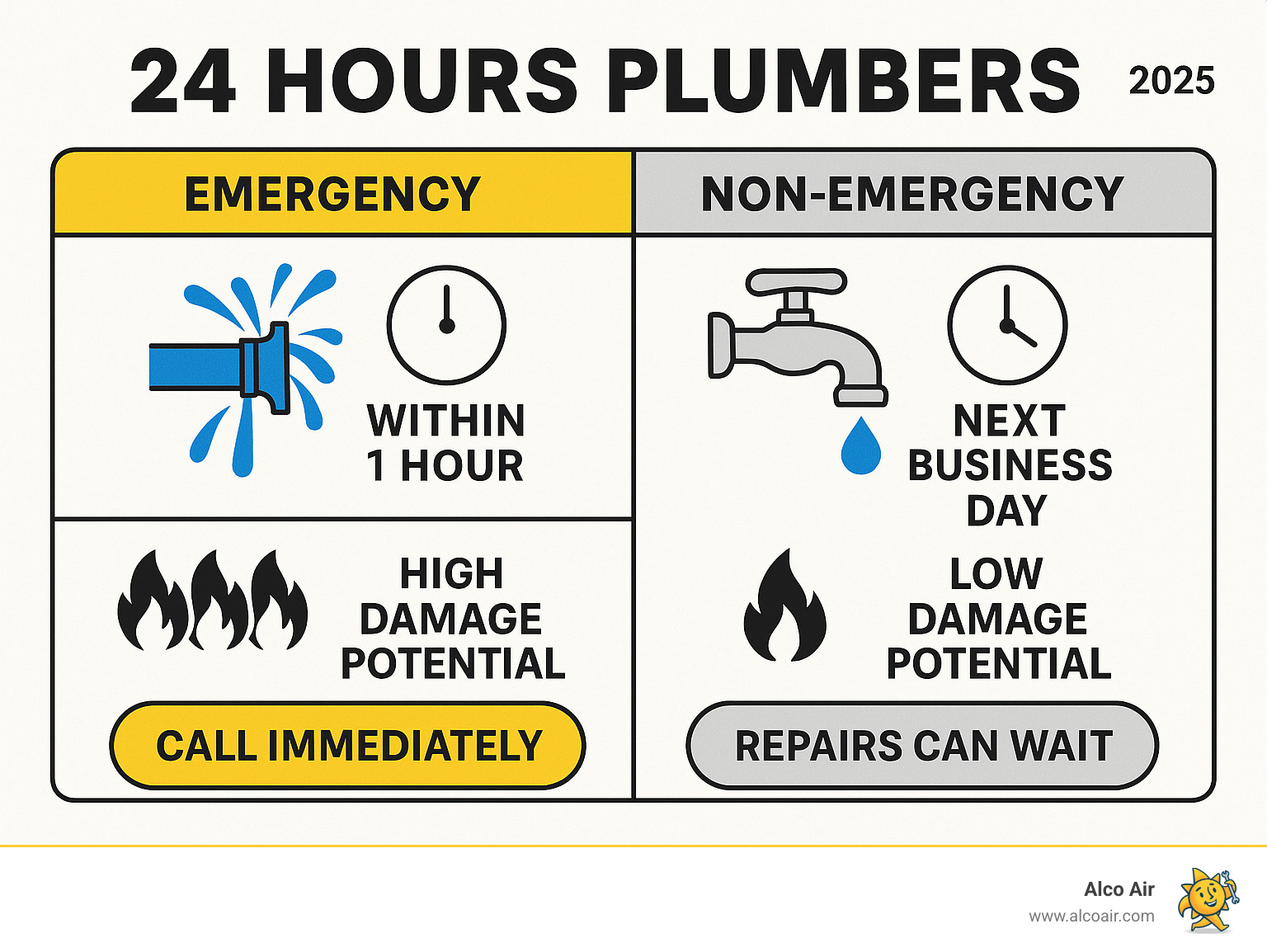 Infographic showing emergency vs non-emergency plumbing situations with response times, damage potential levels, and when to call immediately versus when repairs can wait until regular business hours - 24 hours plumbers infographic 