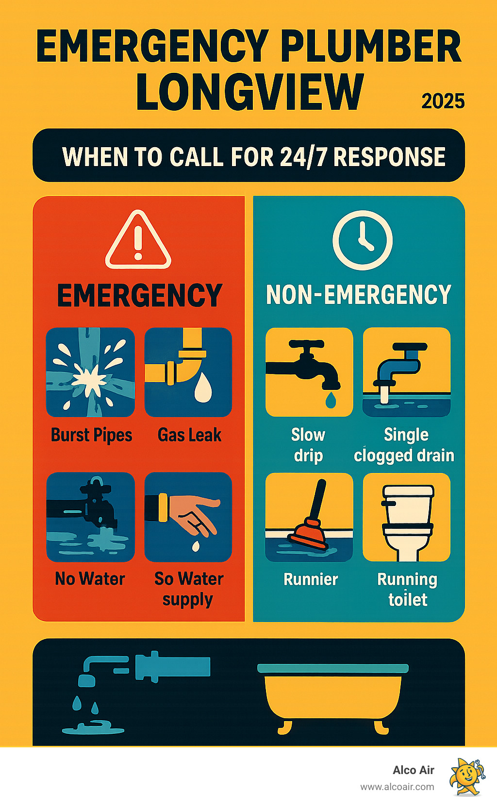 Infographic showing the key differences between plumbing emergencies requiring immediate 24/7 response (burst pipes, gas leaks, sewer backups, no water supply) versus non-emergency issues that can wait for regular business hours (slow drips, single clogged drains, running toilets) - emergency plumber Longview infographic 