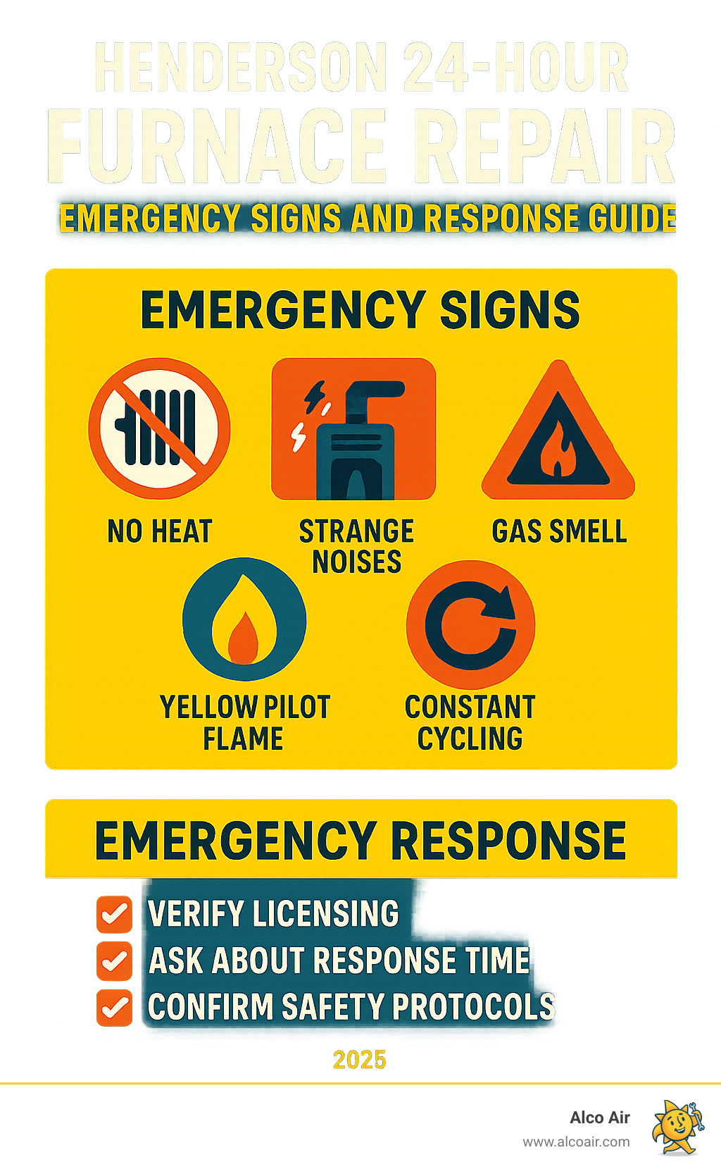 Henderson 24-hour furnace repair emergency signs and response guide infographic showing warning signals like no heat, strange noises, gas smells, yellow pilot flames, and constant cycling, plus emergency contact checklist with licensing verification, response times, and safety protocols - 24 furnace repair henderson infographic 