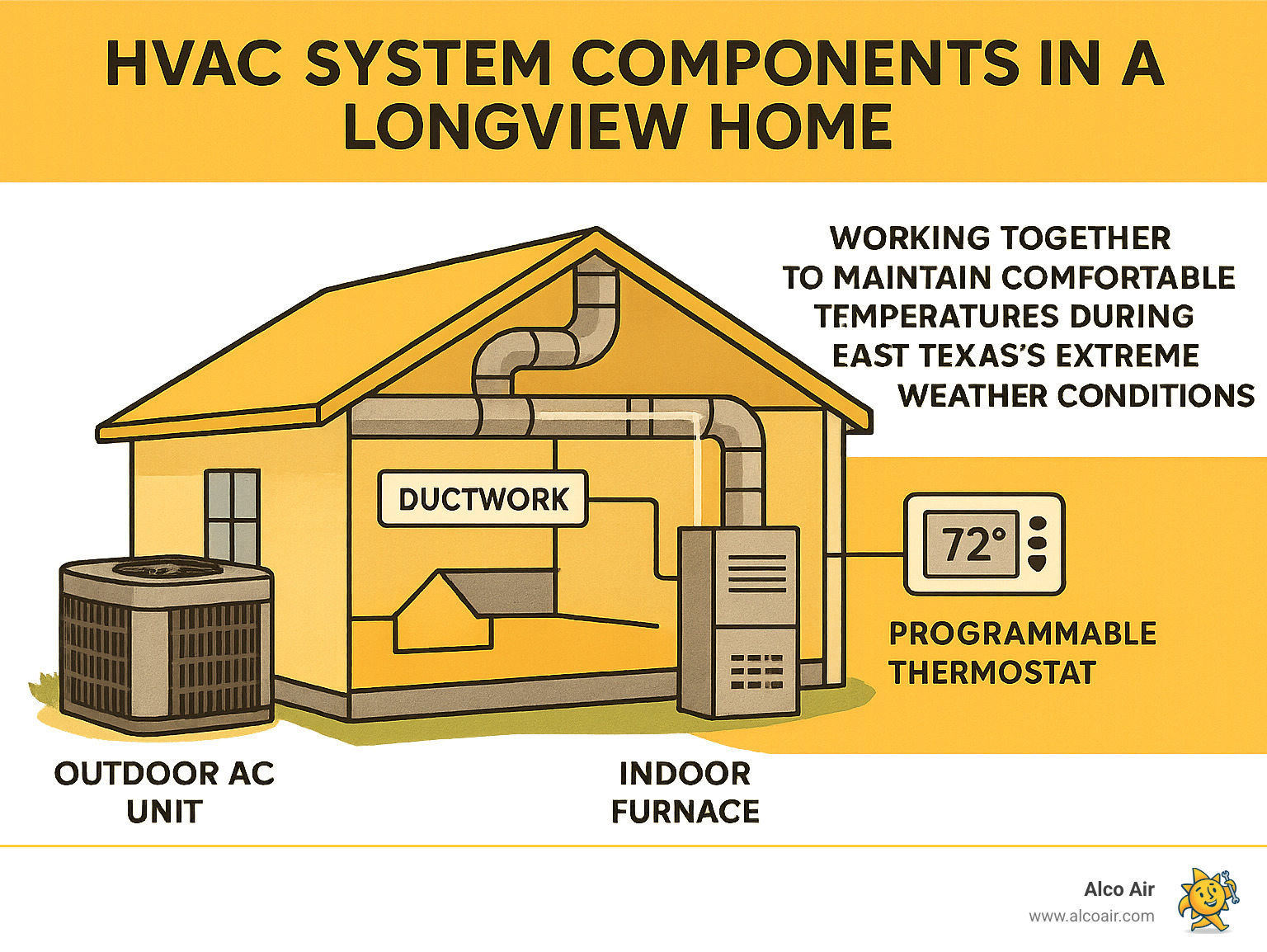 Infographic showing HVAC system components in a Longview home: outdoor AC unit, indoor furnace, ductwork throughout the house, and programmable thermostat, with labels indicating how each component works together to maintain comfortable temperatures during East Texas's extreme weather conditions - HVAC repair Longview TX infographic 