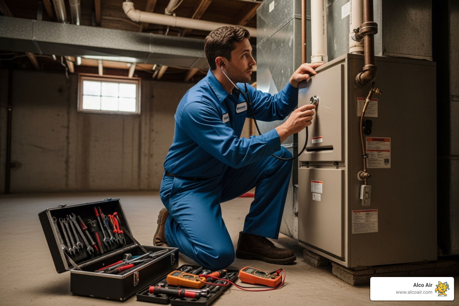 Technician listening to a furnace unit - furnace repair longview