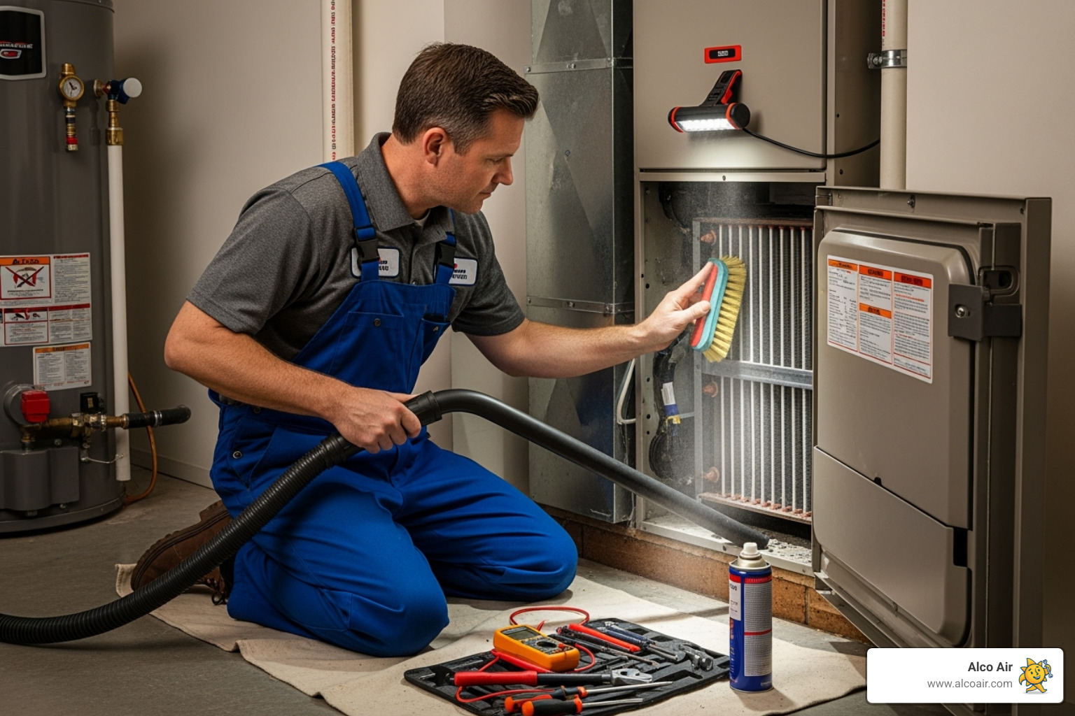 Technician cleaning a furnace component - furnace repair longview