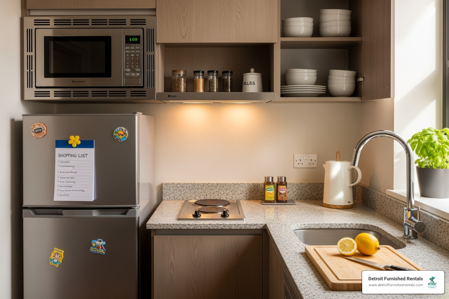 A well-equipped apartment kitchenette with a refrigerator, microwave, and stovetop, ready for use. - week long stay hotels near me