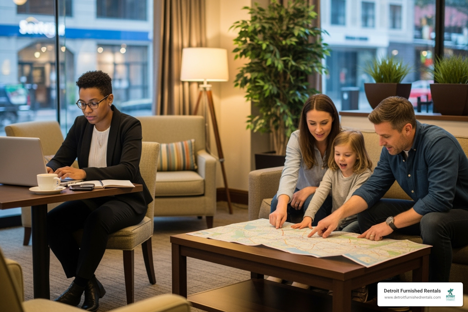 A diverse group of travelers, including a professional working on a laptop in a comfortable setting and a family looking at a map, planning their extended stay. - week long stay hotels near me
