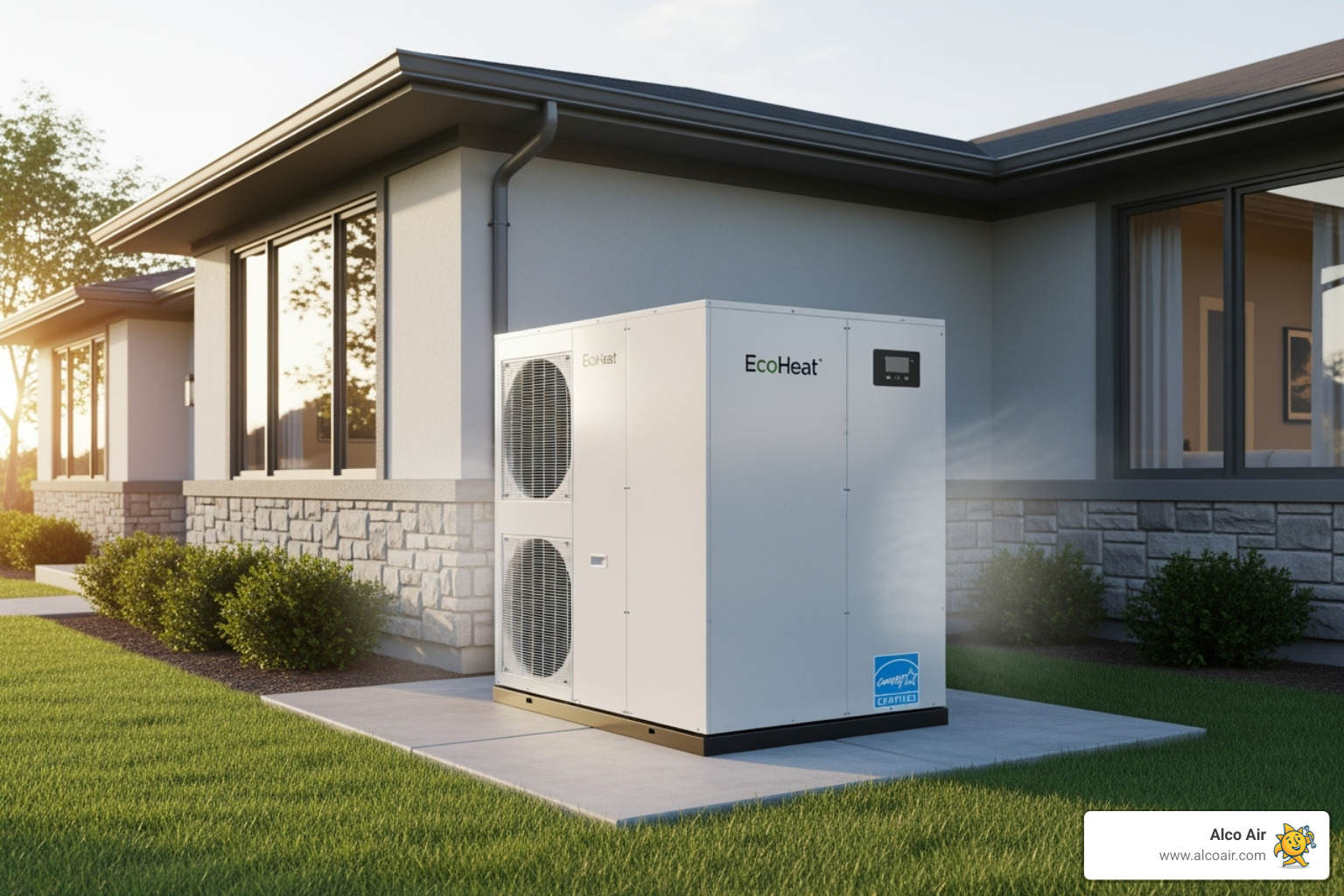 A modern, high-efficiency heat pump unit installed outside a home, showcasing its sleek design and energy-saving capabilities - HVAC repair Longview TX