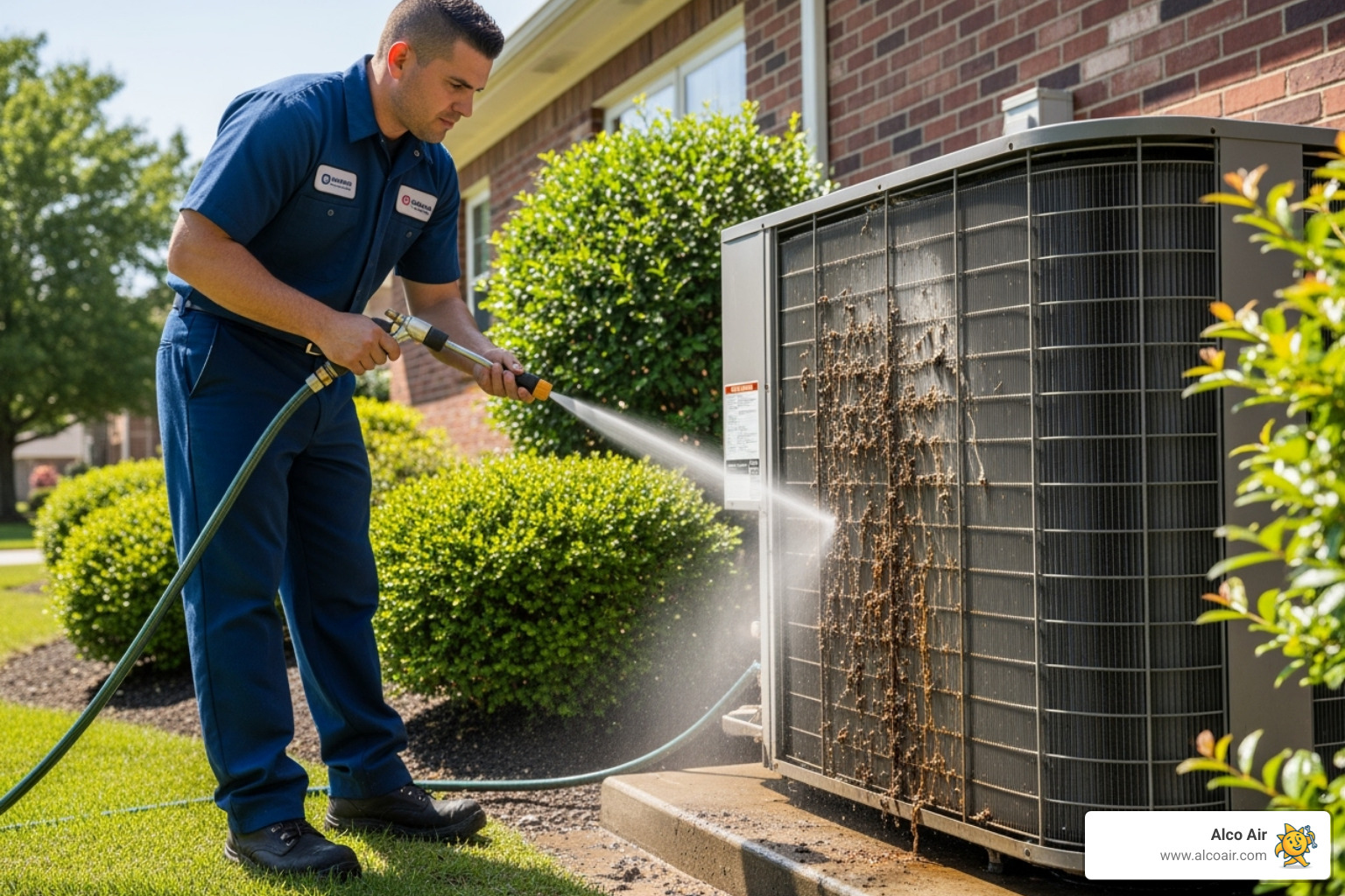 A skilled technician carefully cleaning an outdoor AC unit during a routine HVAC maintenance visit, ensuring optimal performance - HVAC repair Longview TX