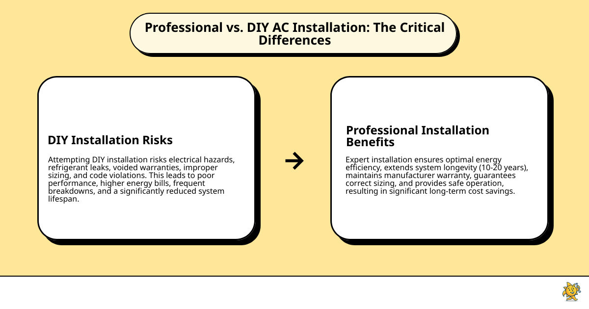 Infographic showing the key differences between professional AC installation versus DIY installation, including safety considerations, warranty protection, proper system sizing, code compliance, energy efficiency optimization, and long-term cost savings - central air conditioner installer infographic cause_effect_text