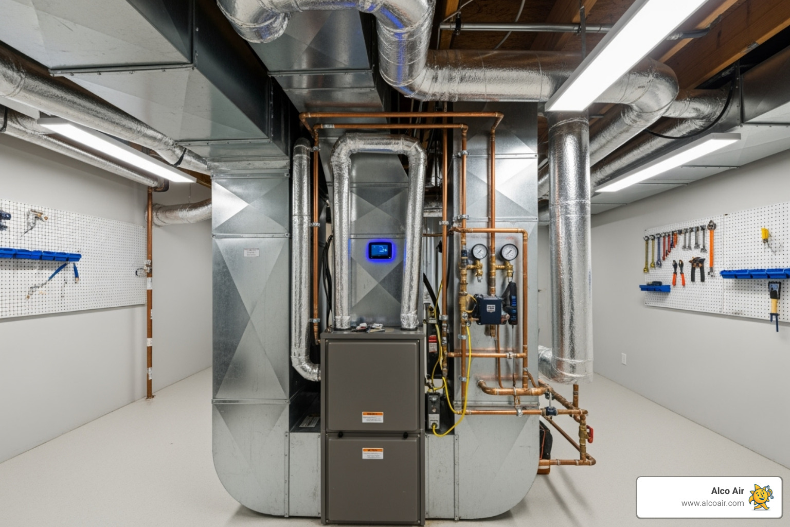 of a properly installed HVAC system in a clean utility space - central air conditioner installer