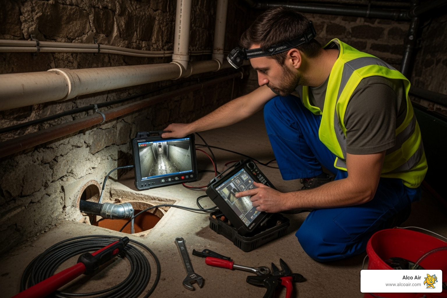 A plumber conducting a video camera inspection of a pipe - Hydro jetting drain