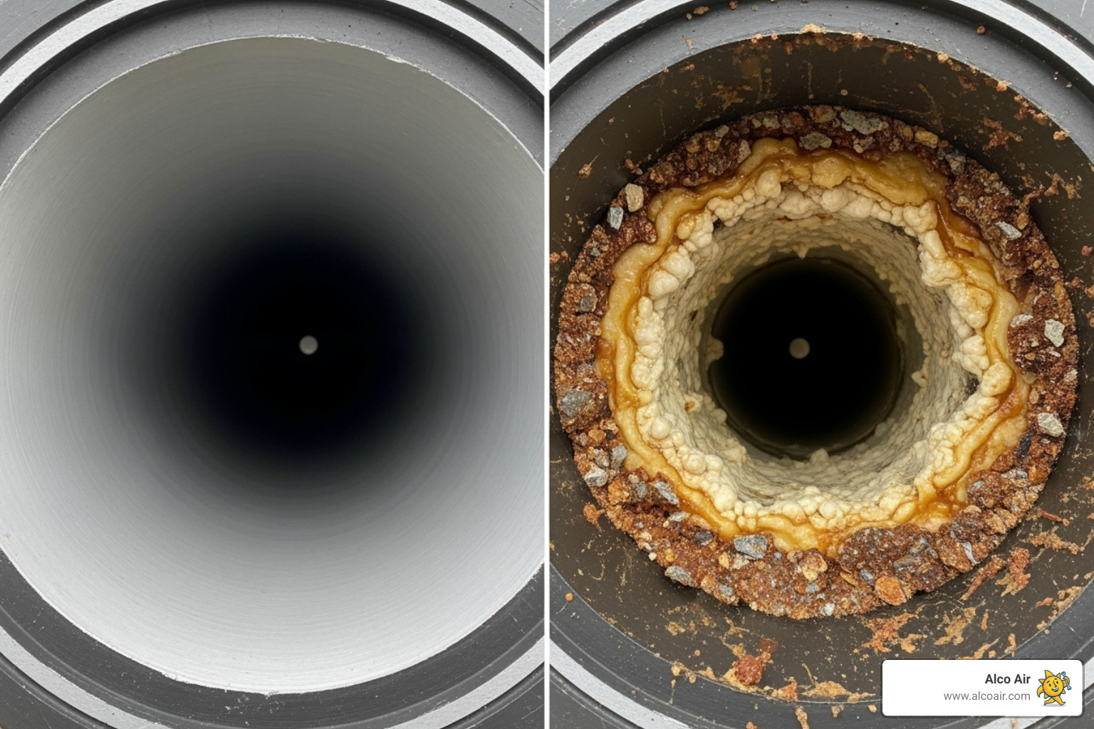 A split-screen showing a clean pipe interior versus a pipe interior with heavy buildup - Hydro jetting drain