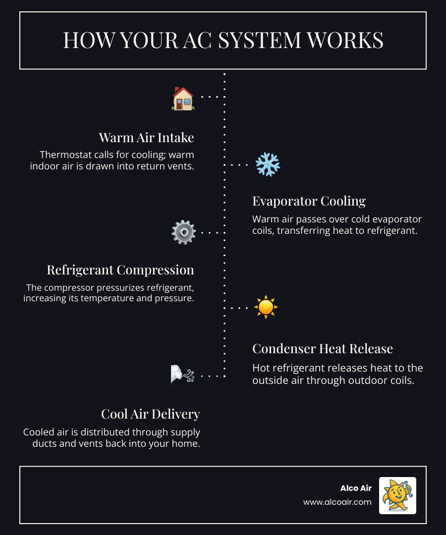 Detailed infographic showing the complete home air conditioning cycle from thermostat activation through refrigerant circulation, evaporator coils, compressor operation, condenser heat release, and cool air distribution through ductwork and vents - AC blowing hot air infographic infographic-line-5-steps-dark Detailed infographic showing the complete home air conditioning cycle from thermostat activation through refrigerant circulation, evaporator coils, compressor operation, condenser heat release, and cool air distribution through ductwork and vents - AC blowing hot air infographic infographic-line-5-steps-dark