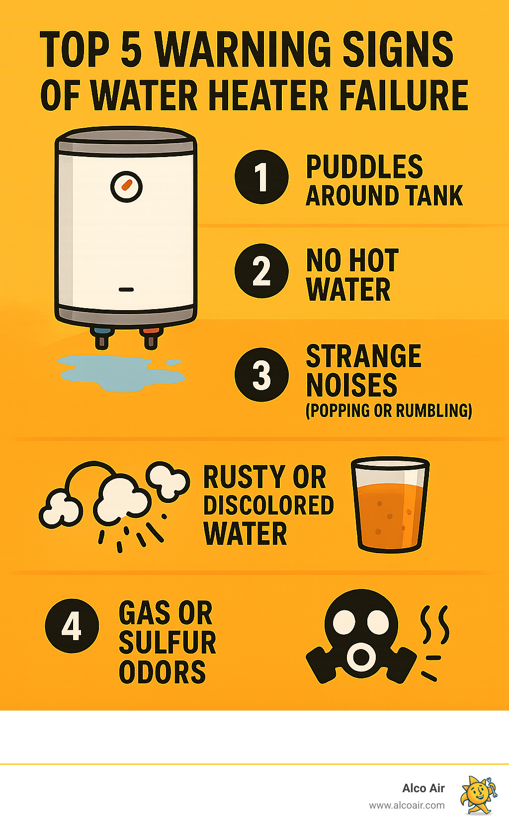 Infographic showing the top 5 warning signs of water heater failure: puddles around tank, no hot water production, strange noises like popping or rumbling, rusty or discolored water, and gas or sulfur odors - emergency water heater repair in henderson infographic 