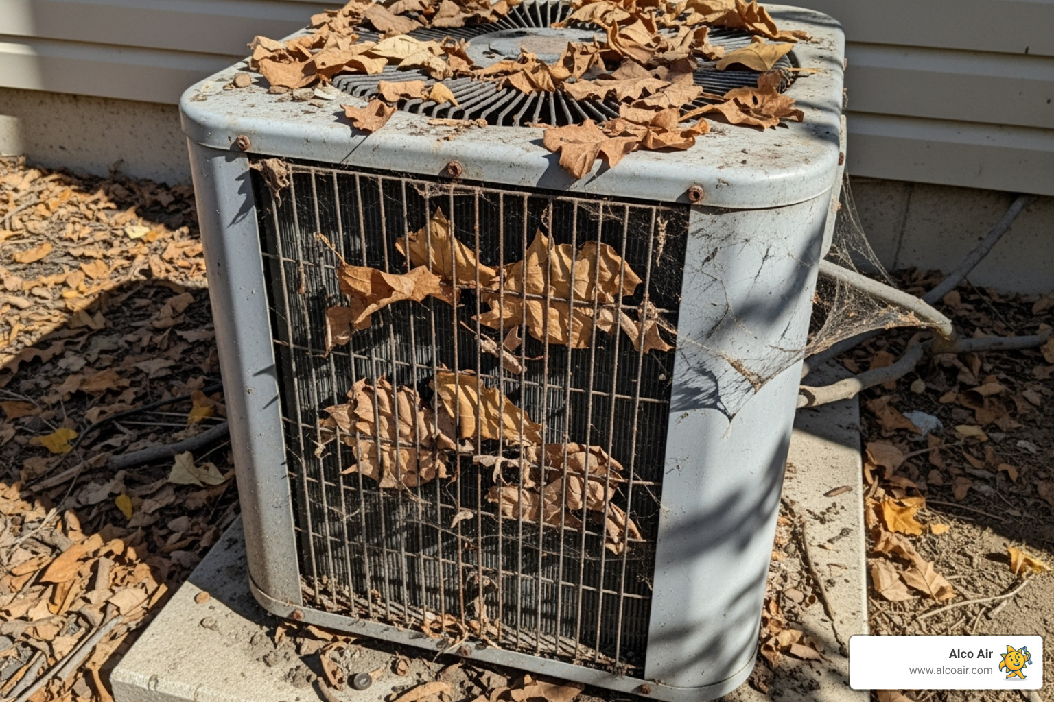 dirty outdoor condenser unit covered in leaves - AC blowing hot air dirty outdoor condenser unit covered in leaves - AC blowing hot air