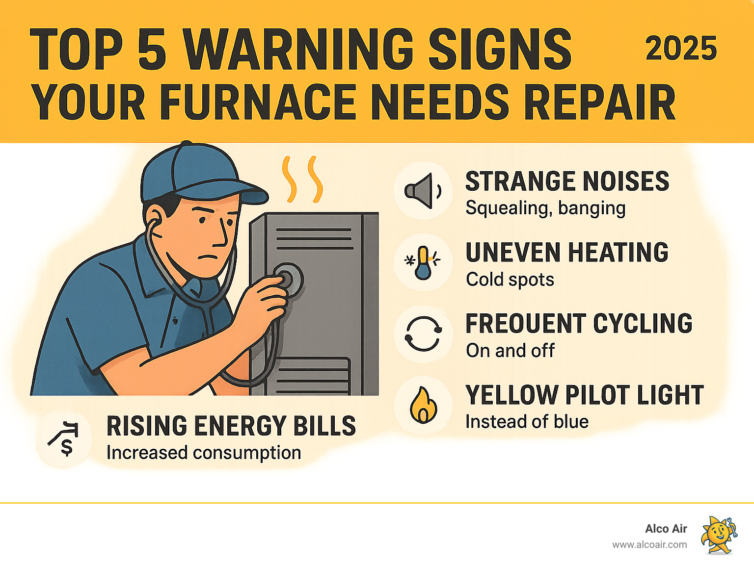 Infographic showing the top 5 warning signs your furnace needs repair: strange noises like squealing or banging, uneven heating with cold spots, frequent on-off cycling, yellow pilot light flames, and rising energy bills - furnace repair longview infographic 