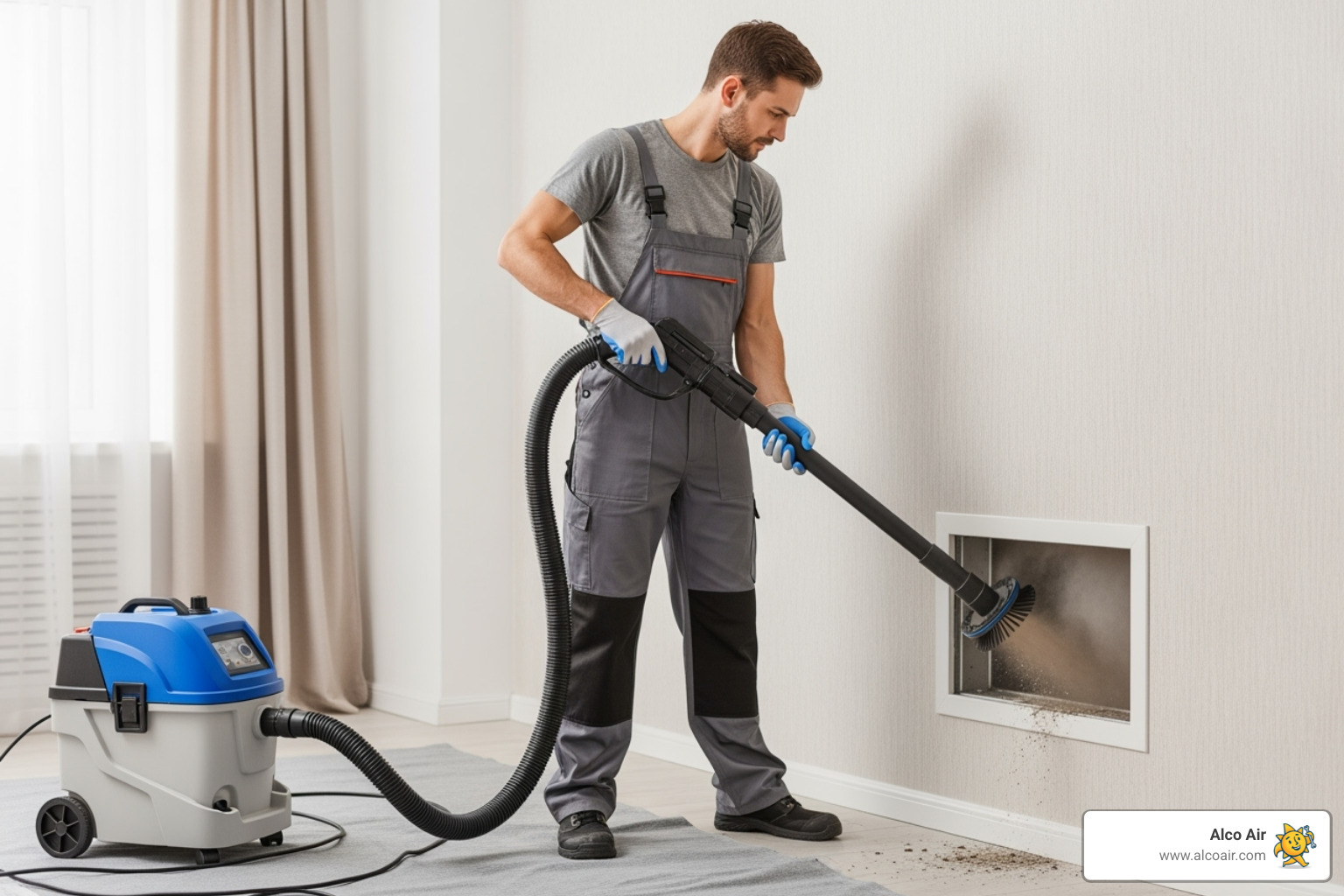 Technician using professional duct cleaning equipment with a high-powered vacuum hose - duct cleaning for allergies