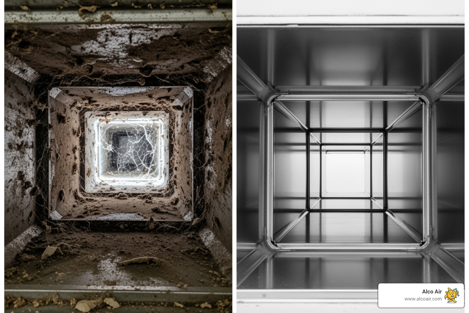 Dusty air duct interior contrasted with a clean one - duct cleaning for allergies