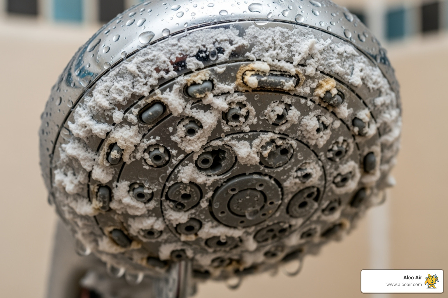 Shower head clogged with white, chalky limescale - Water Softener Longview
