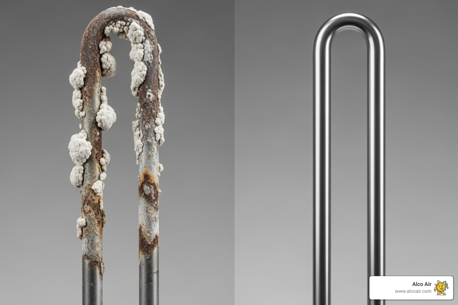 Clean, scale-free water heater element next to a scaled one - Water Softener Longview