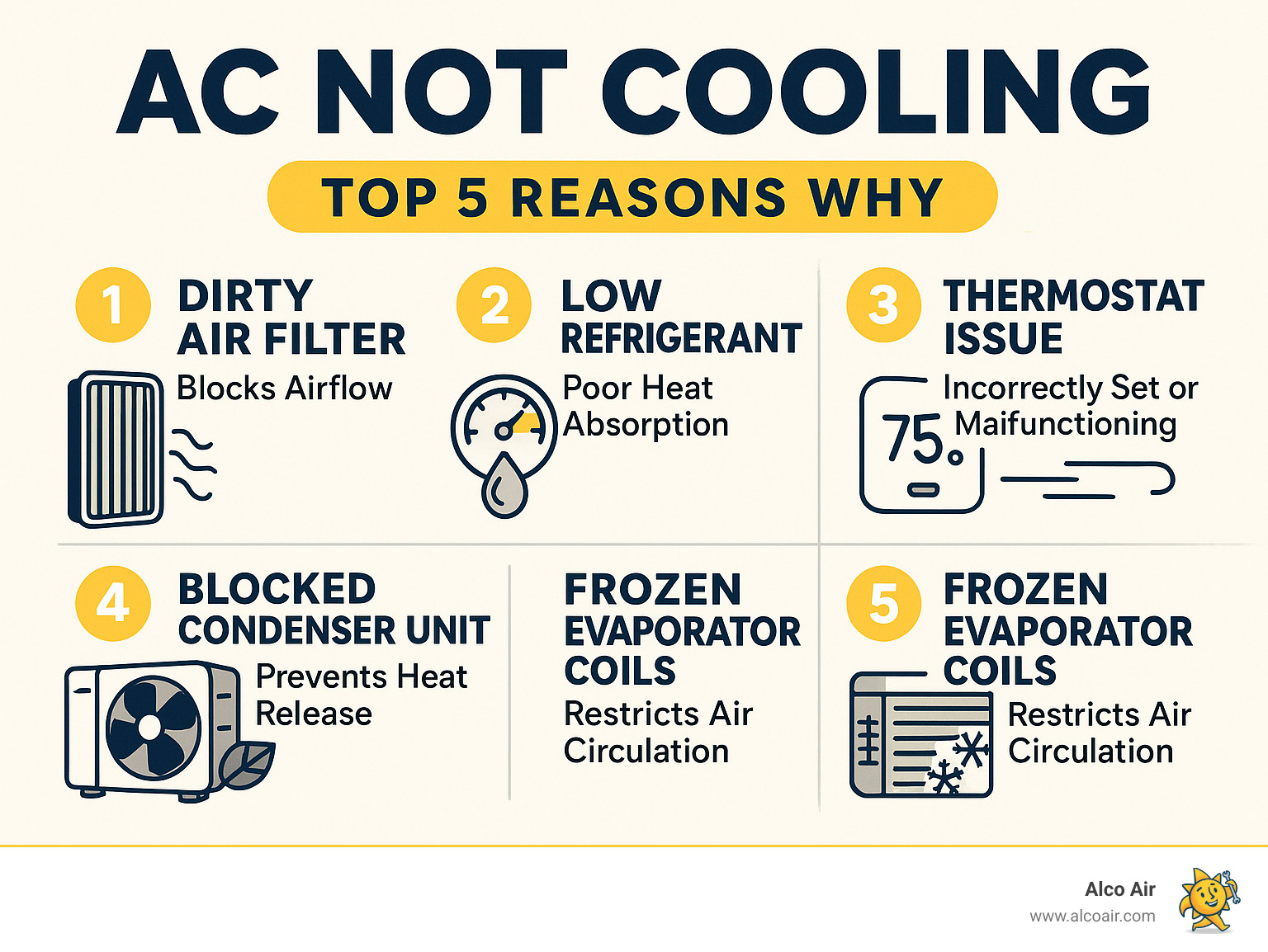 Infographic showing the top 5 reasons an AC stops cooling: dirty air filter blocking airflow, low refrigerant levels causing poor heat absorption, thermostat set incorrectly or malfunctioning, outdoor condenser unit blocked by debris preventing heat release, and frozen evaporator coils restricting air circulation - AC not cooling infographic  Infographic showing the top 5 reasons an AC stops cooling: dirty air filter blocking airflow, low refrigerant levels causing poor heat absorption, thermostat set incorrectly or malfunctioning, outdoor condenser unit blocked by debris preventing heat release, and frozen evaporator coils restricting air circulation - AC not cooling infographic