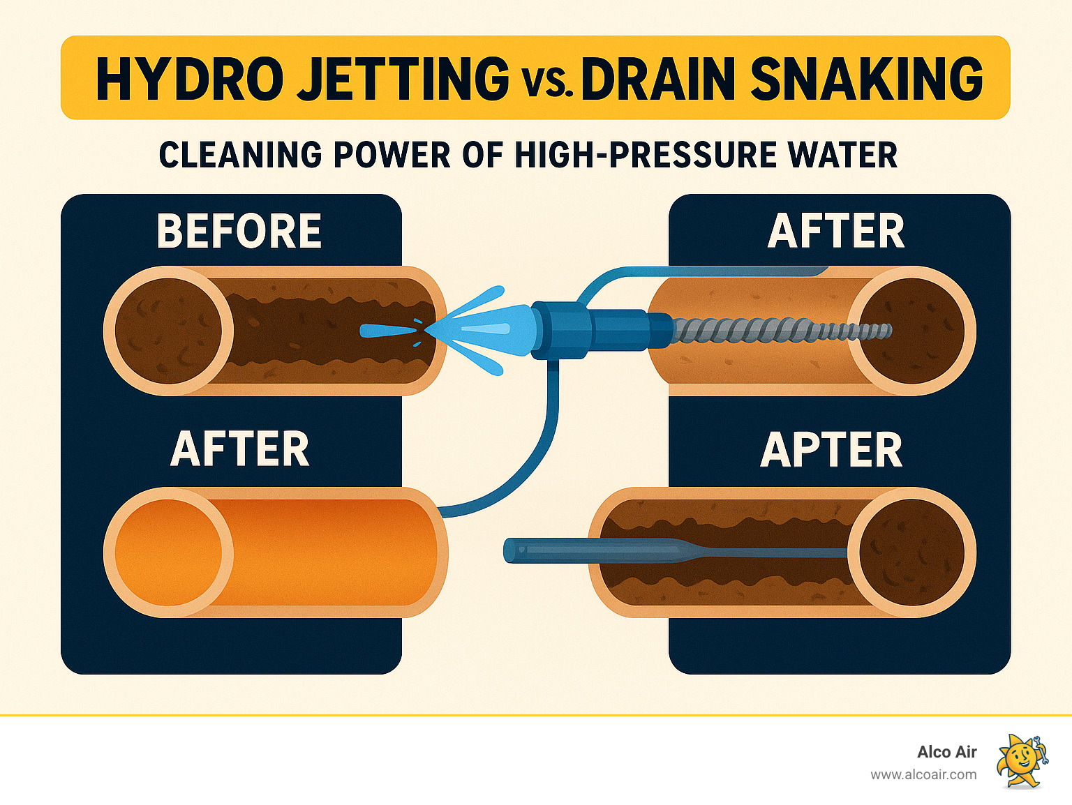 Infographic showing hydro jetting completely cleaning pipe walls versus drain snaking which only creates a narrow path through blockages, with before and after cross-sections of pipes demonstrating the thorough cleaning power of high-pressure water - Hydro jetting drain infographic 