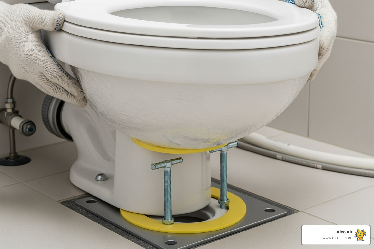 A new toilet bowl being carefully placed over the floor flange, highlighting the wax ring and T-bolts for a secure, leak-free installation - Plumbing fixture installation
