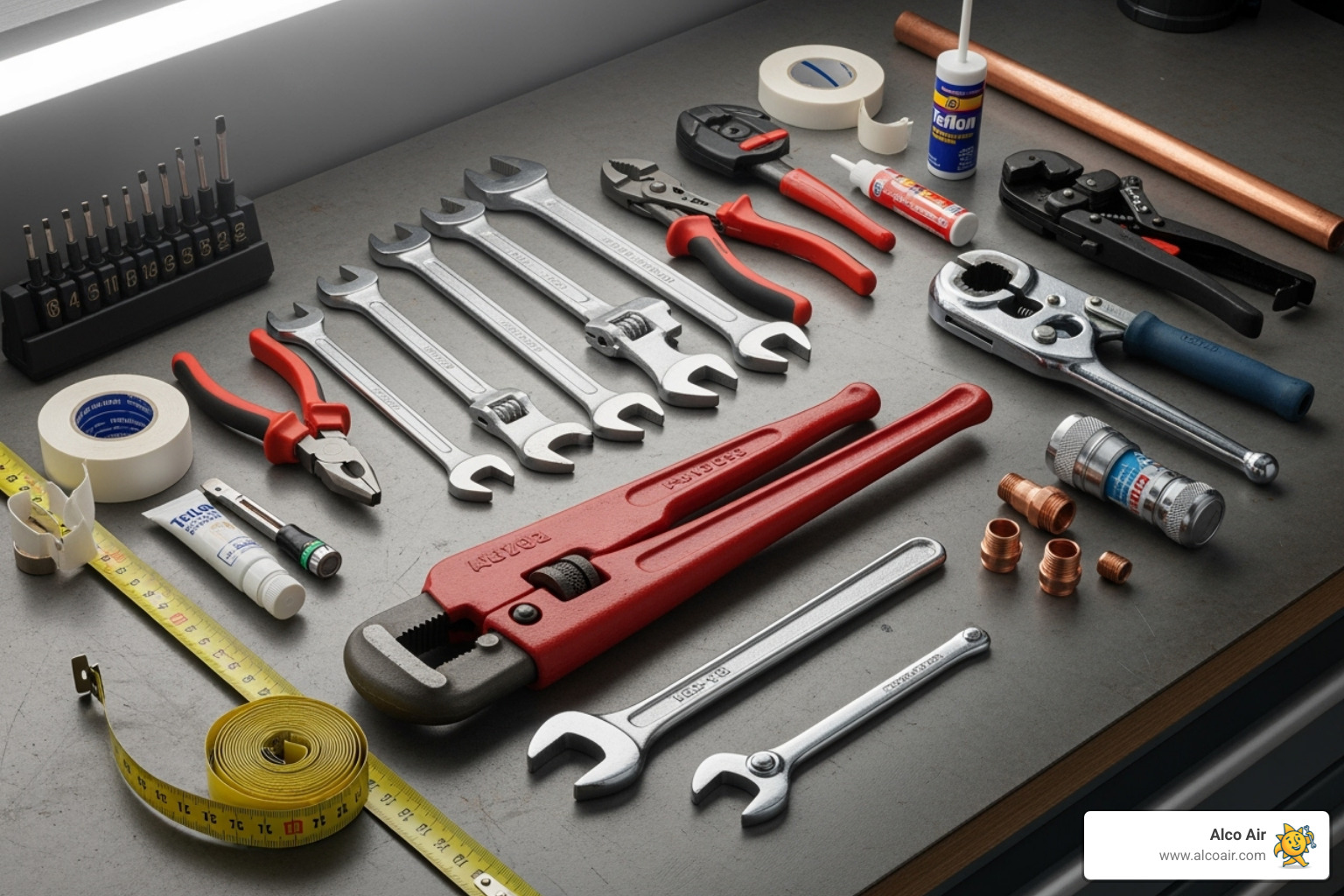A well-organized toolkit for plumbing, featuring various wrenches, pliers, cutters, measuring tape, and sealing compounds - Plumbing fixture installation