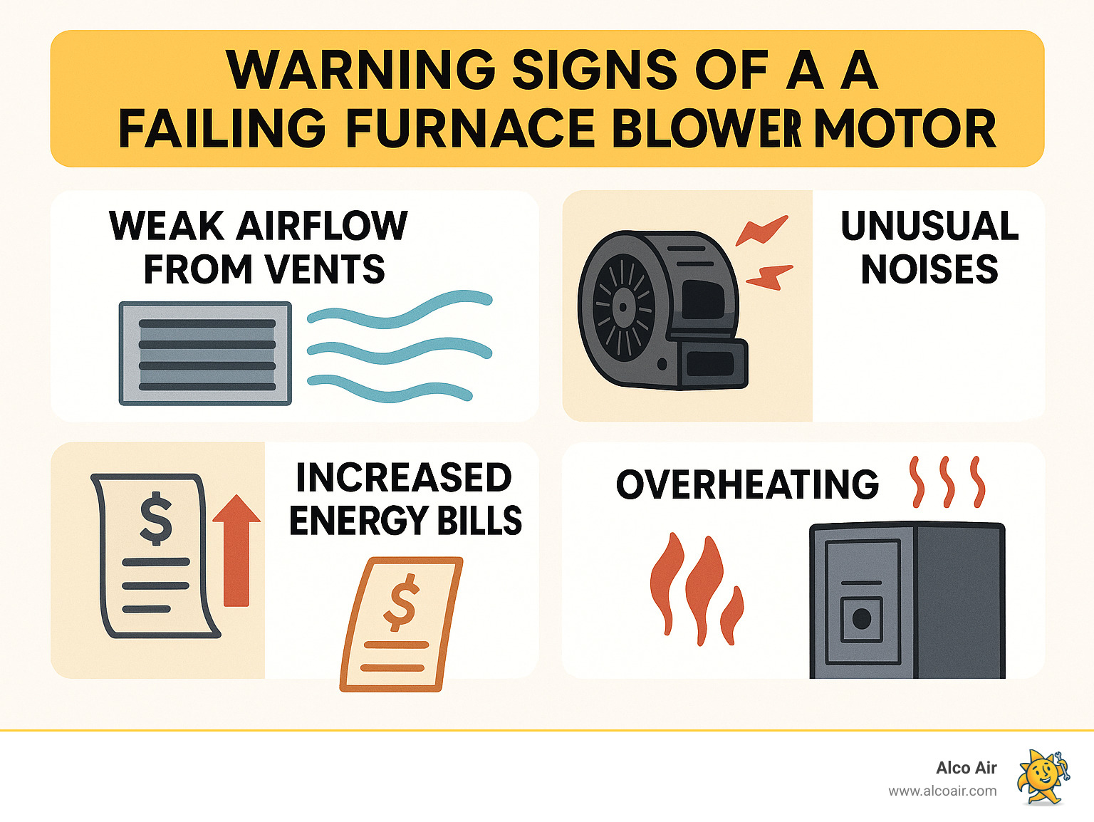 Comprehensive infographic showing furnace blower motor failure warning signs including weak airflow from vents, unusual grinding or squealing noises, increased energy bills, and overheating symptoms, with visual indicators for each problem - furnace blower motor repair henderson infographic 