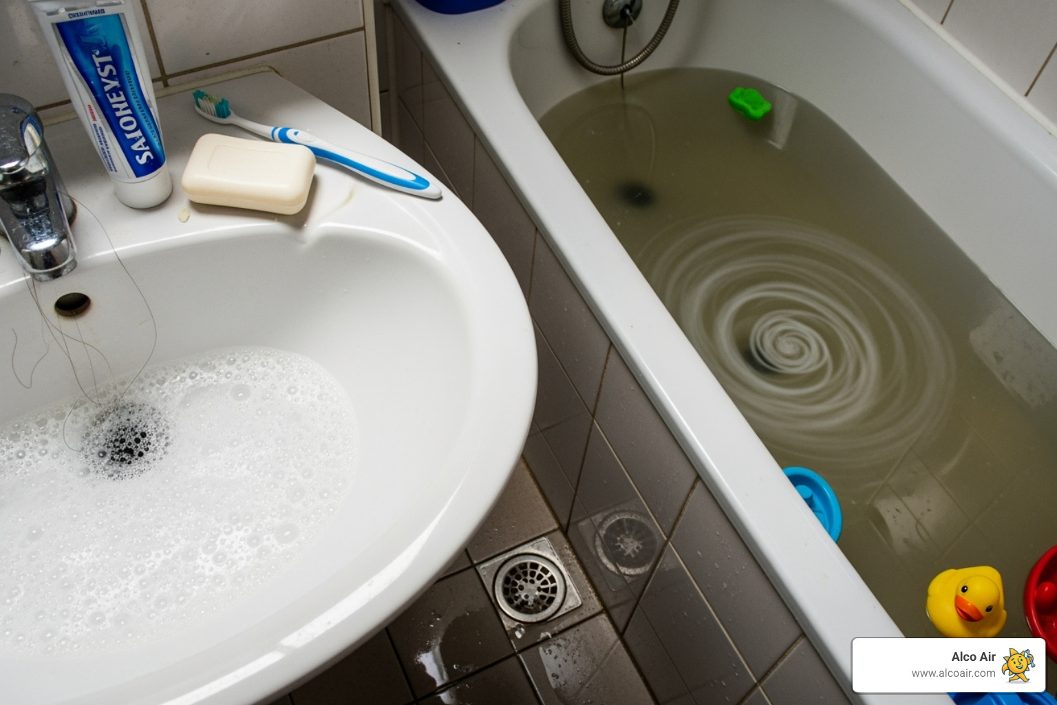 multiple slow-draining fixtures like a sink and a tub - clogged sewer line