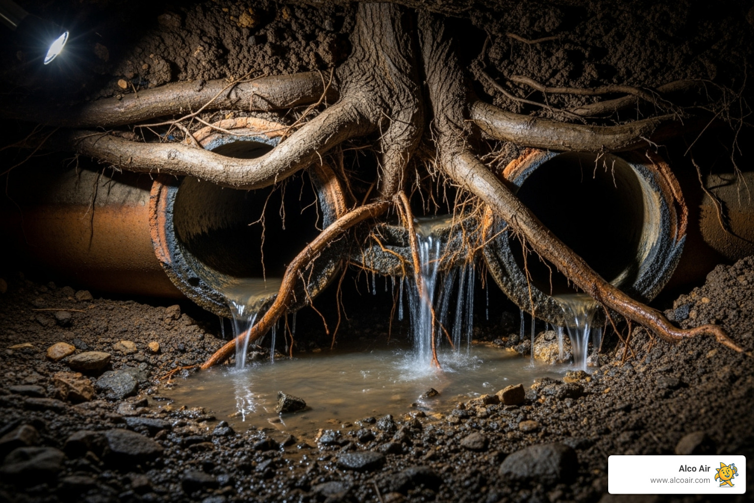 tree roots growing into a broken sewer pipe - clogged sewer line