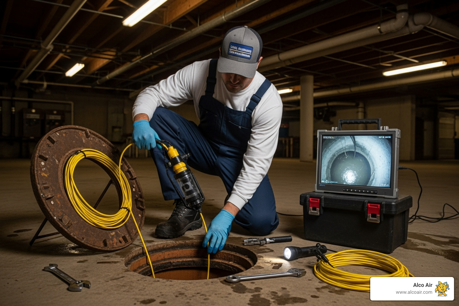 professional plumber performing a sewer camera inspection - clogged sewer line