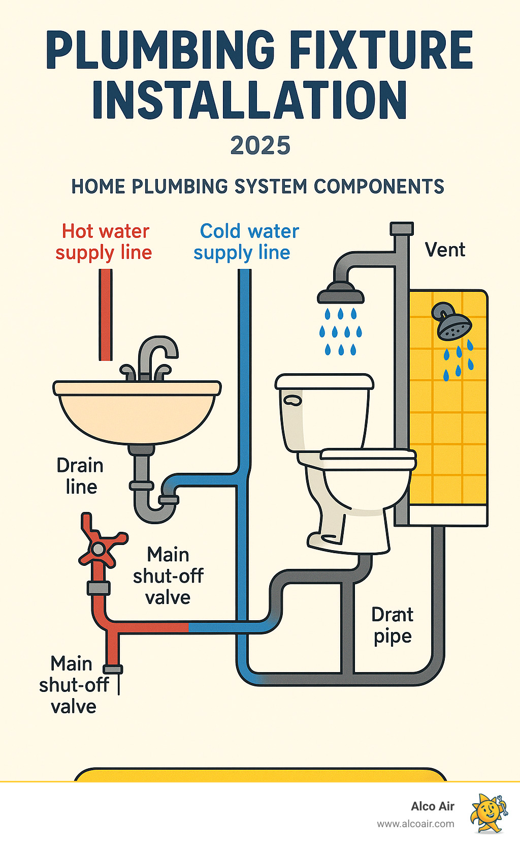 Comprehensive guide showing the basic components of home plumbing systems including hot and cold water supply lines, main shut-off valve locations, drain lines with P-traps, vent pipes, and common fixture connection points for sinks, toilets, and showers - Plumbing fixture installation infographic 