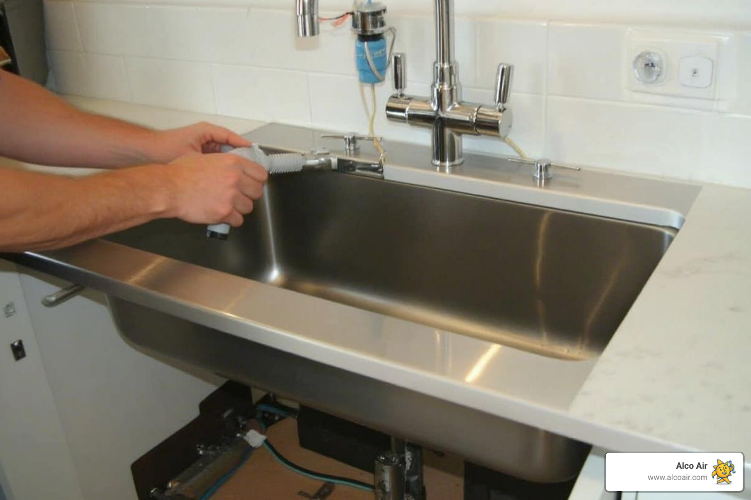 A new, sleek kitchen faucet being carefully lowered onto a polished sink deck, with supply lines and mounting hardware visible below - Plumbing fixture installation