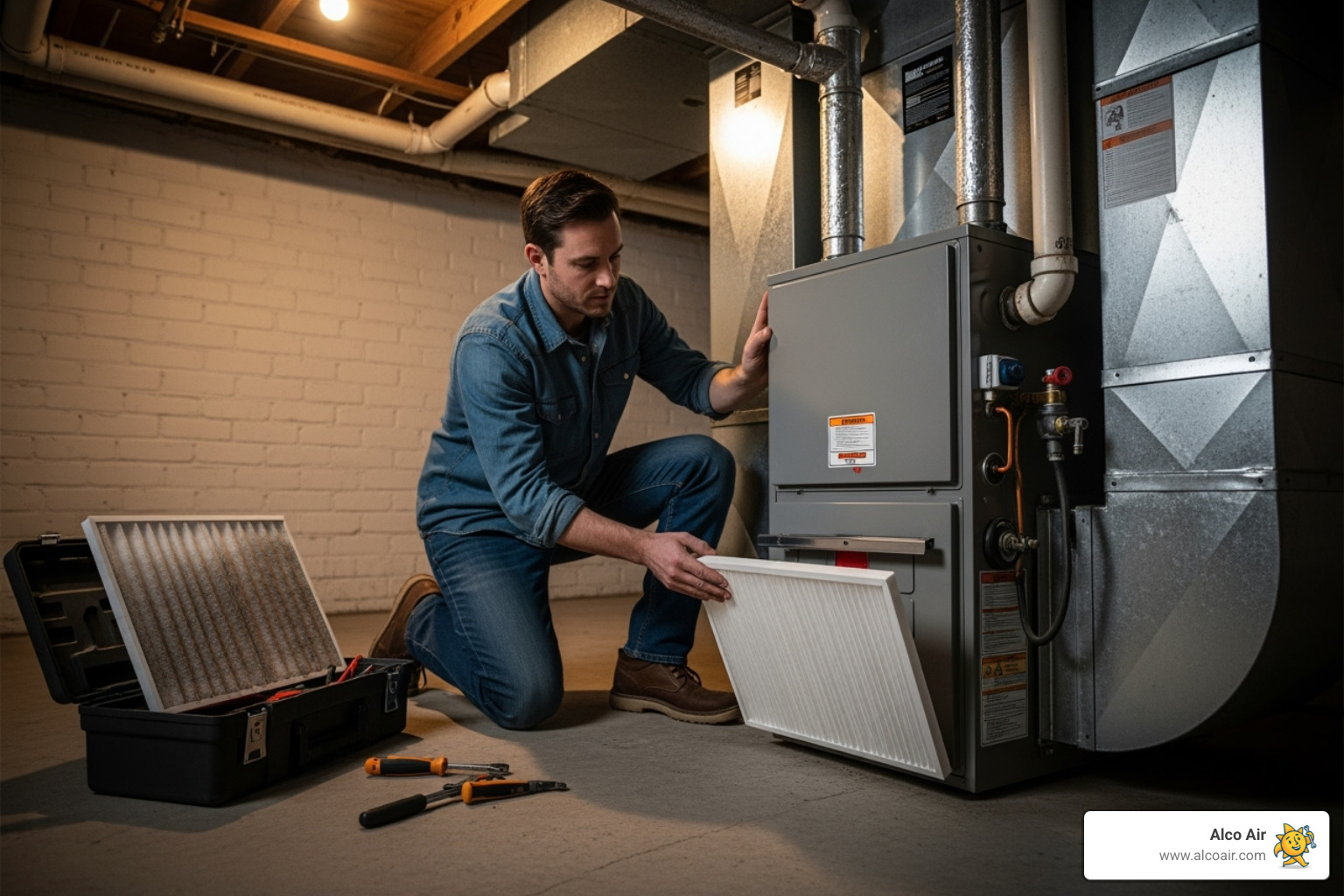 Homeowner easily changing their furnace air filter - Heater Repair Longview